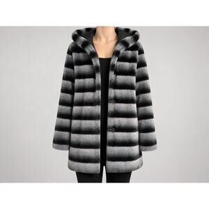Fhillinuo Faux Fur Hooded Coat Women XXL/2XL Gray Black Striped Plush Jacket NWT